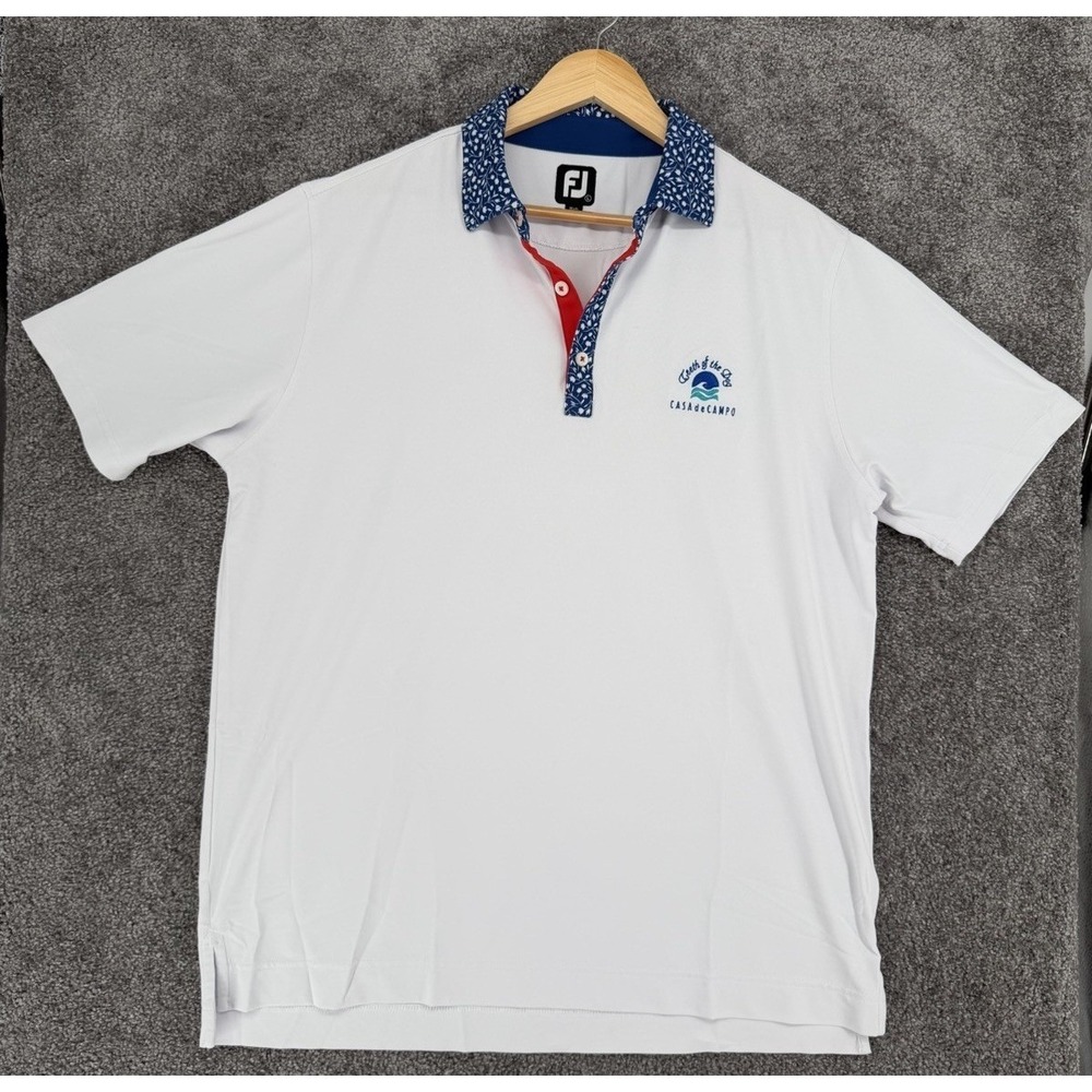 FootJoy Men Large White Pique Tulip Polo Shirt Casa de Campo Teeth Of The Dog